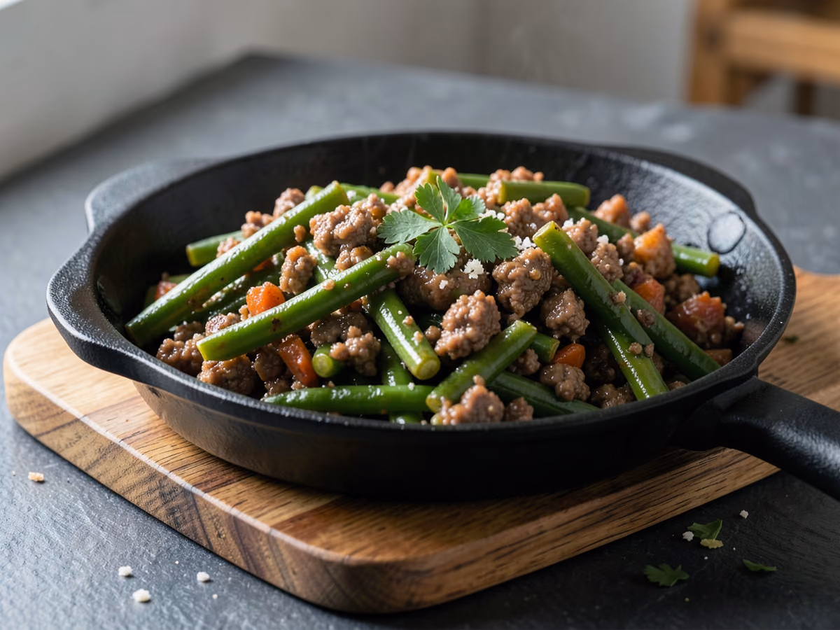 Sartén de carne molida y judías verdes para días de semana