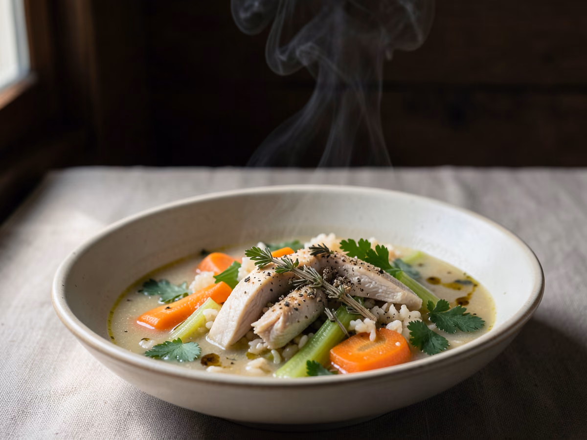 Sopa de pollo y arroz con sobras