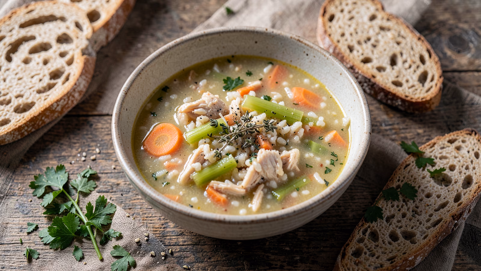 Sopa de pollo y arroz con sobras