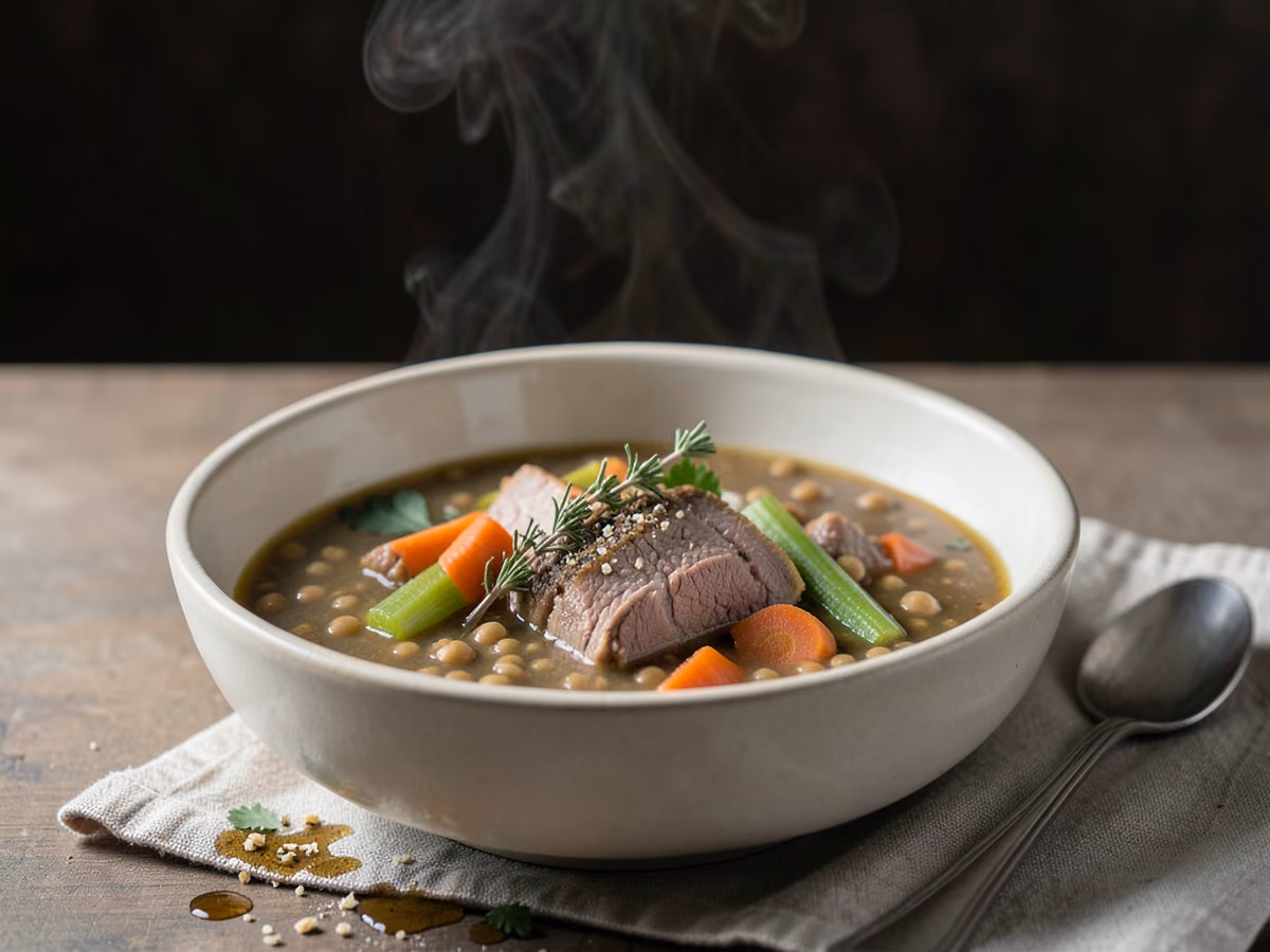 Sopa de ternera y cebada