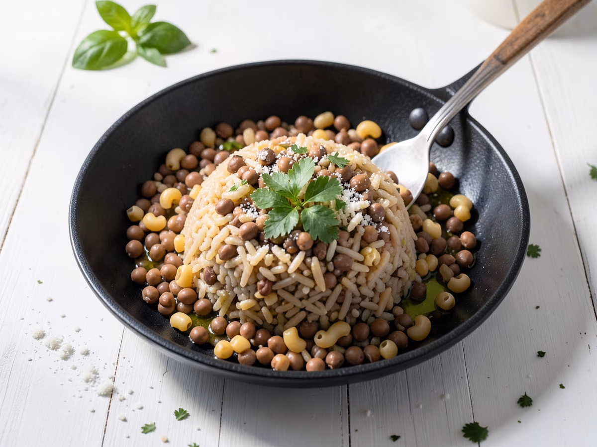 Koshari de arroz y lentejas egipcio