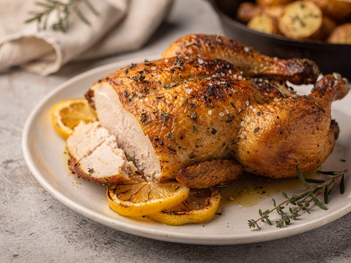Pollo asado con hierbas y limón