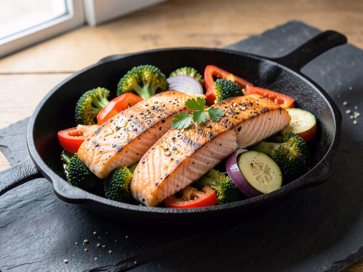 Salmón y verduras a la bandeja