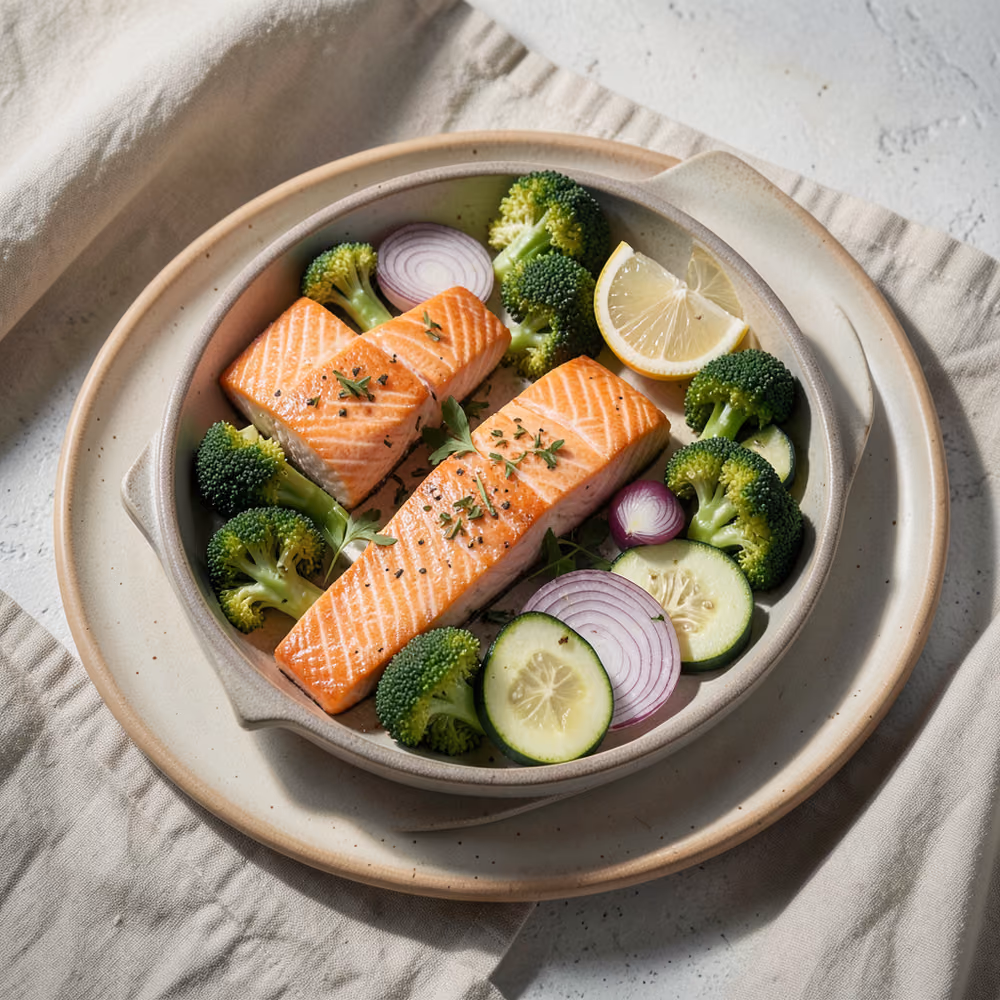 Salmón y verduras a la bandeja
