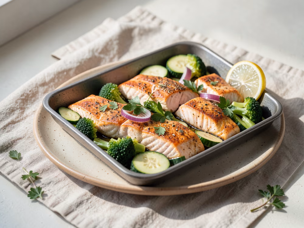 Salmón y verduras a la bandeja