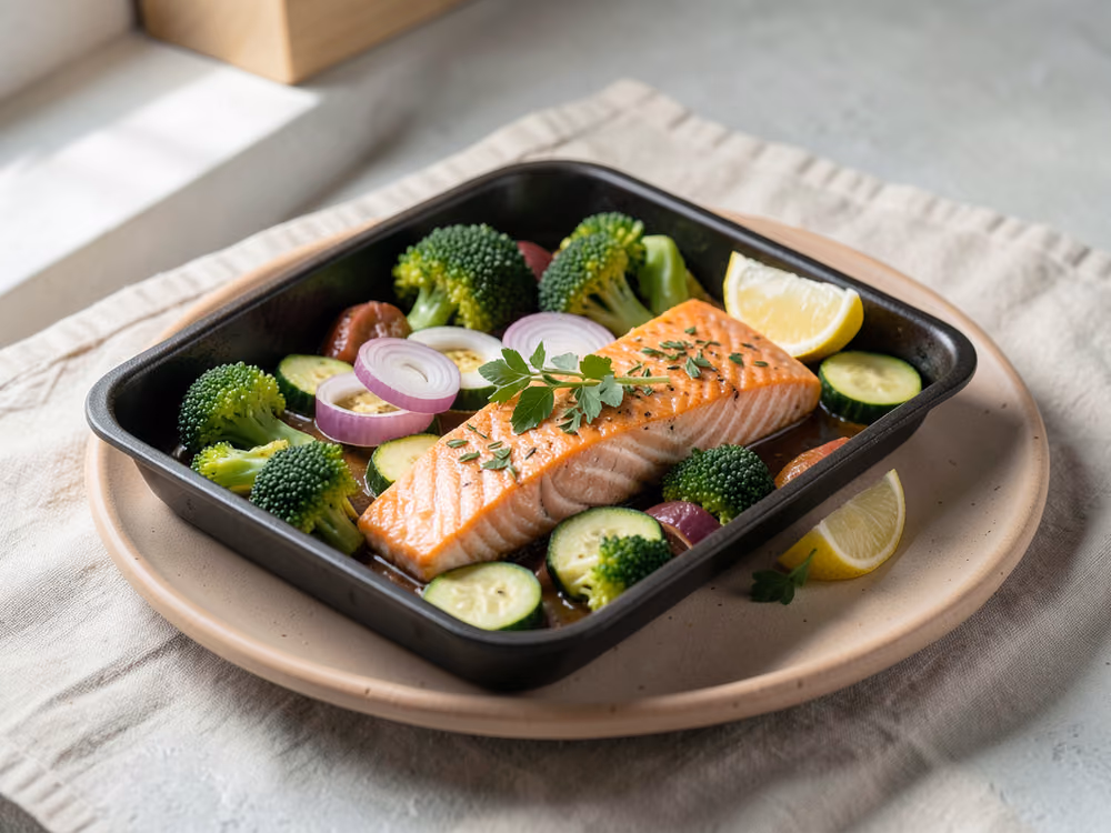 Salmón y verduras a la bandeja