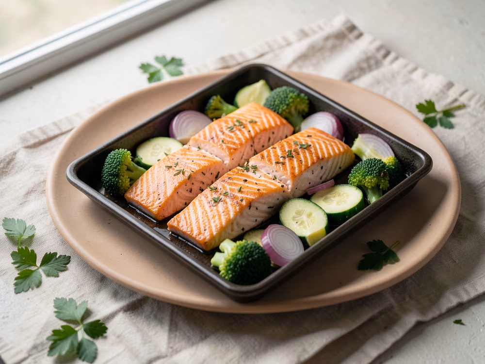 Salmón y verduras a la bandeja