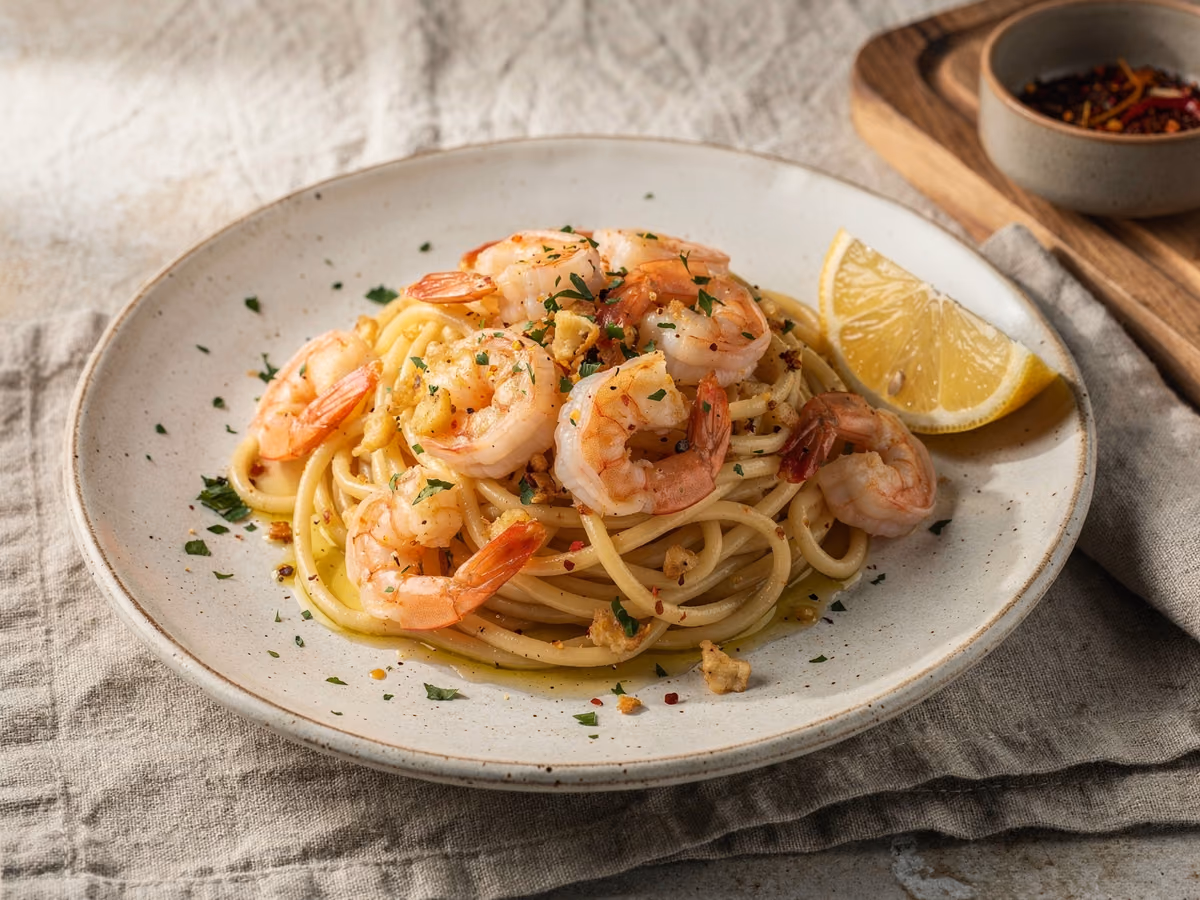 Pasta con camarones al ajillo