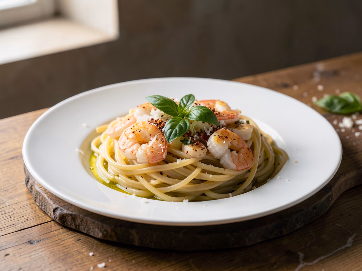 Pasta con camarones al ajillo