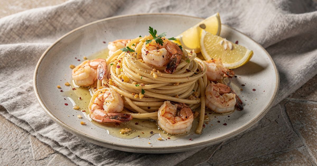 Pasta con camarones al ajillo