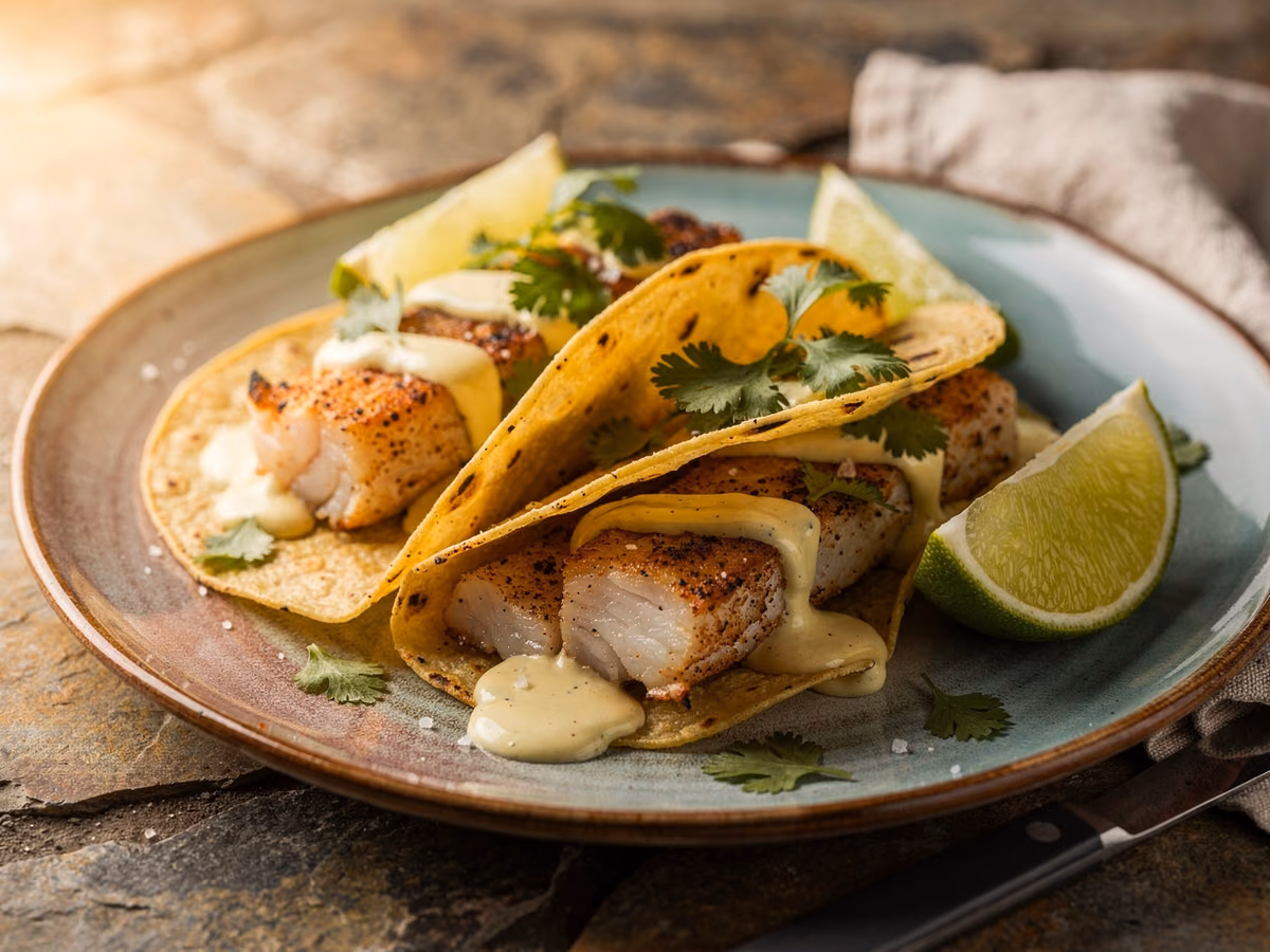 Tacos de pescado con crema de lima