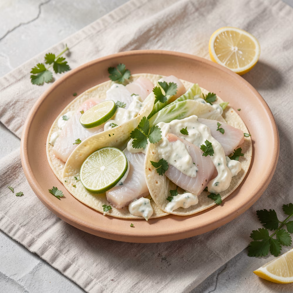 Tacos de pescado con crema de lima
