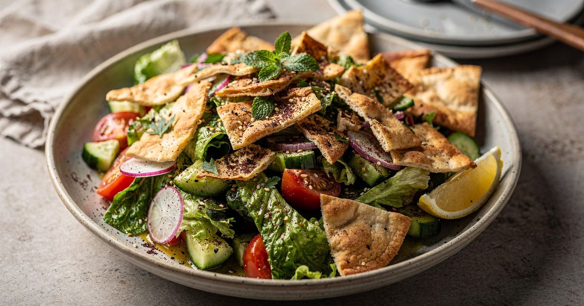Ensalada fattoush con pan pita crujiente