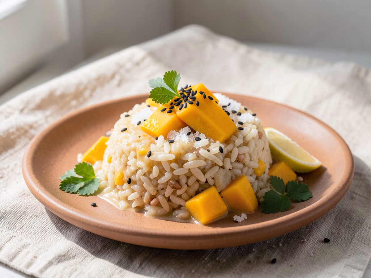 Arroz pegajoso con mango