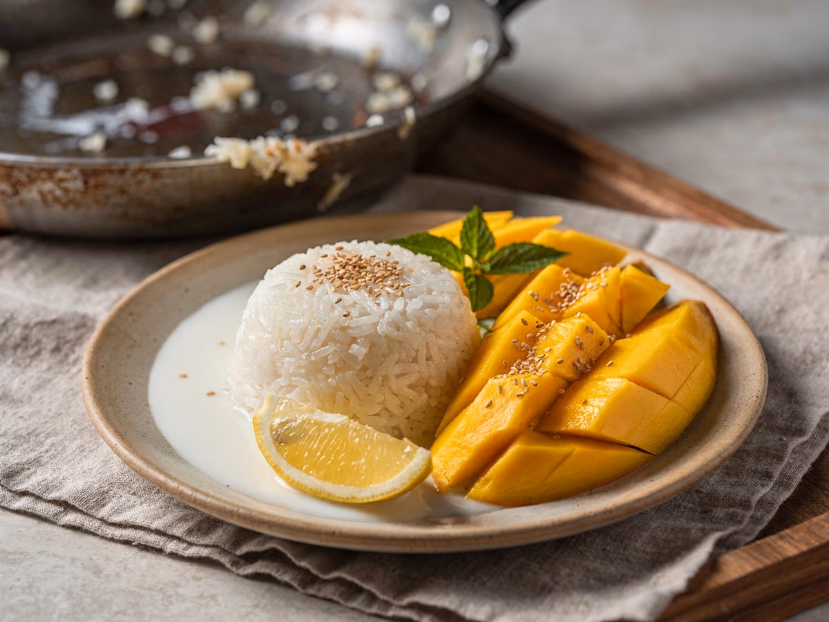 Arroz pegajoso con mango