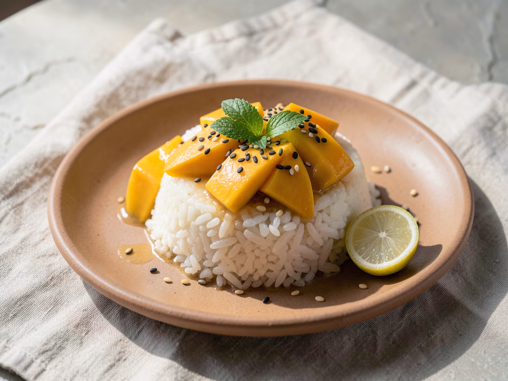Arroz pegajoso con mango