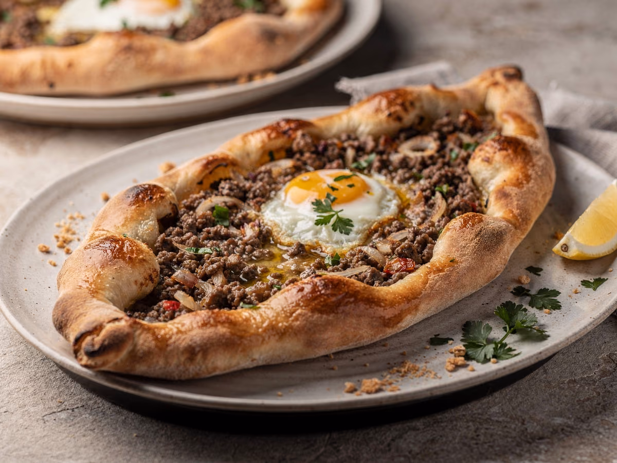 Pide turca con carne de res picada y huevo