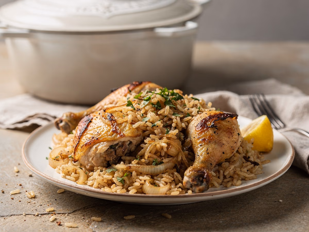 Pollo y arroz en una olla