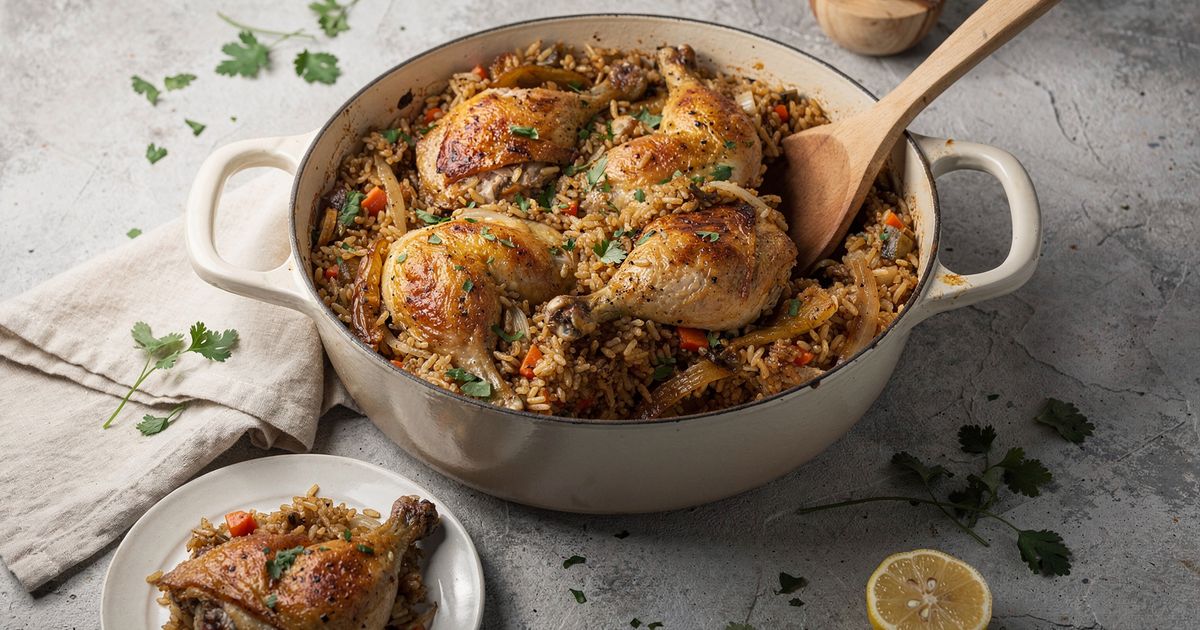 Pollo y arroz en una olla
