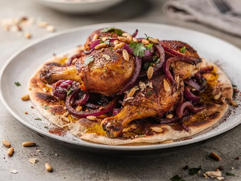 Musakhan de pollo con cebollas al zumaque