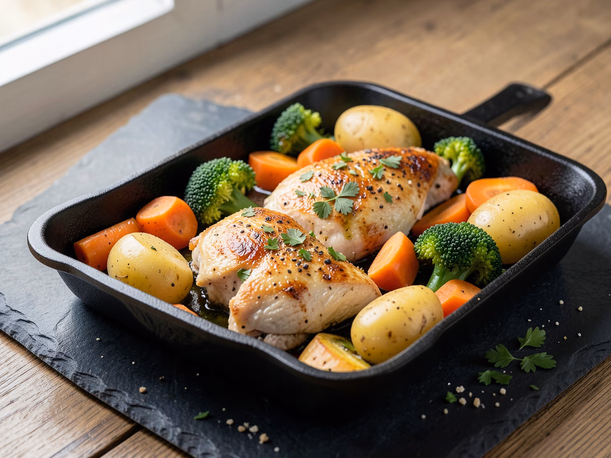 Pollo y verduras a la bandeja
