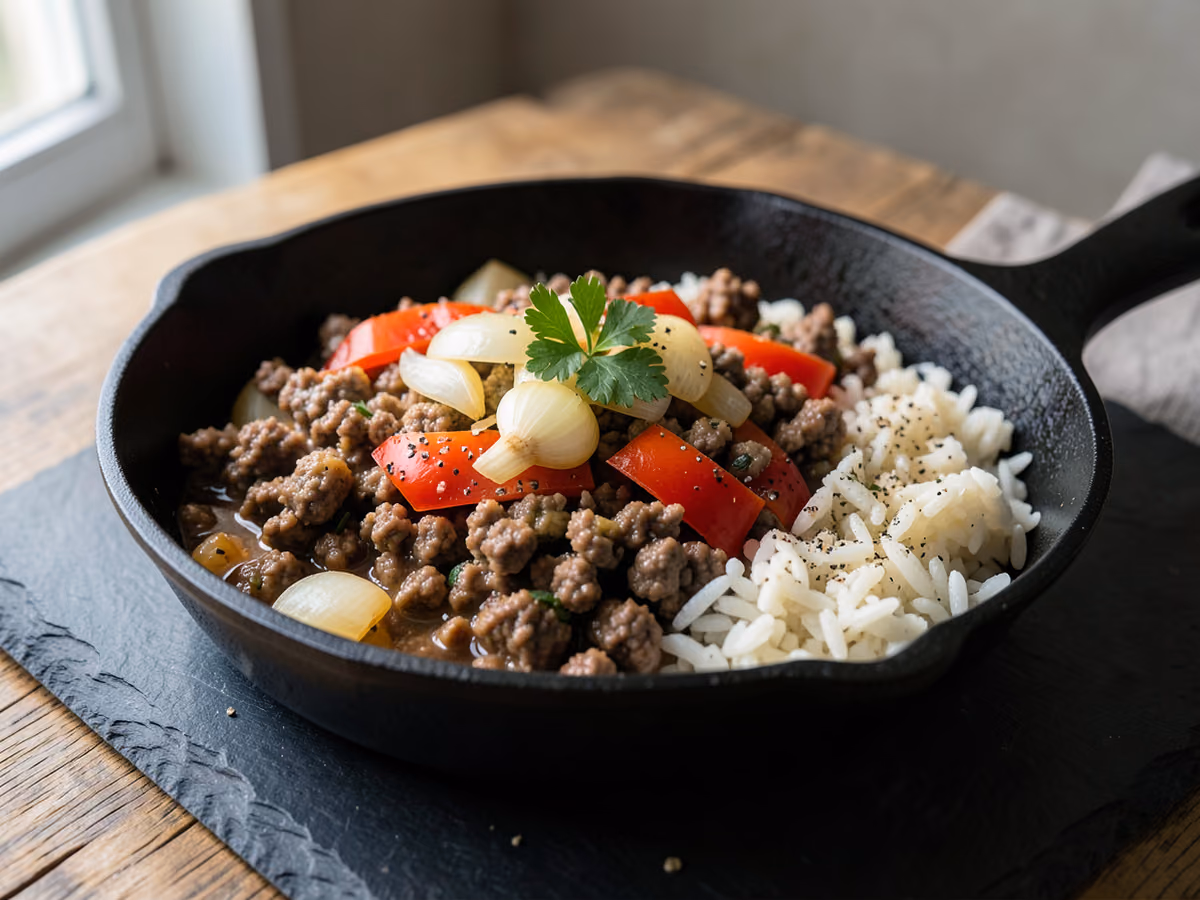 Padella di carne macinata e riso per la cena infrasettimanale