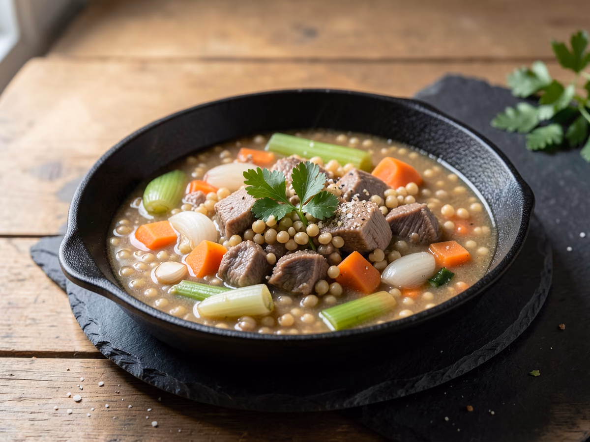 Sopa sustanciosa de carne y cebada