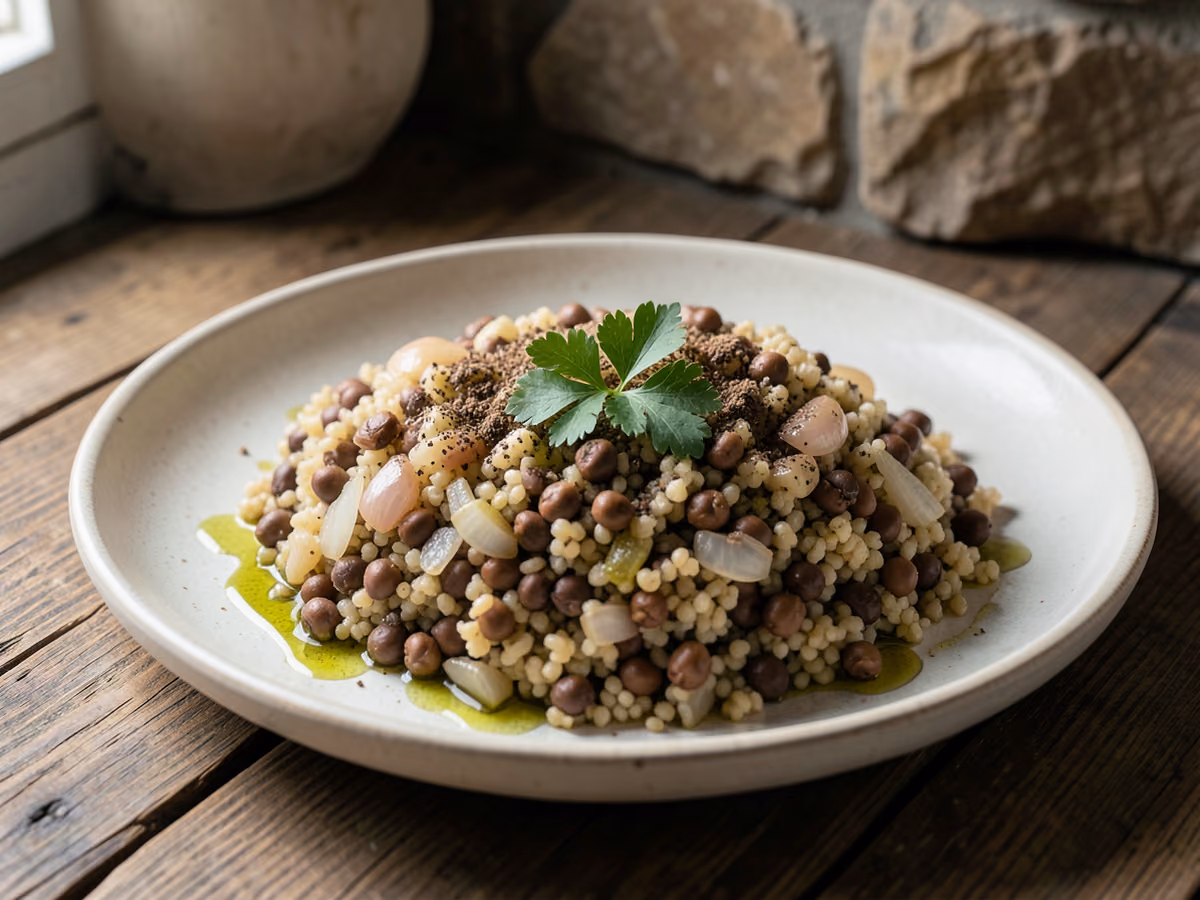 Versión de mujaddara con bulgur