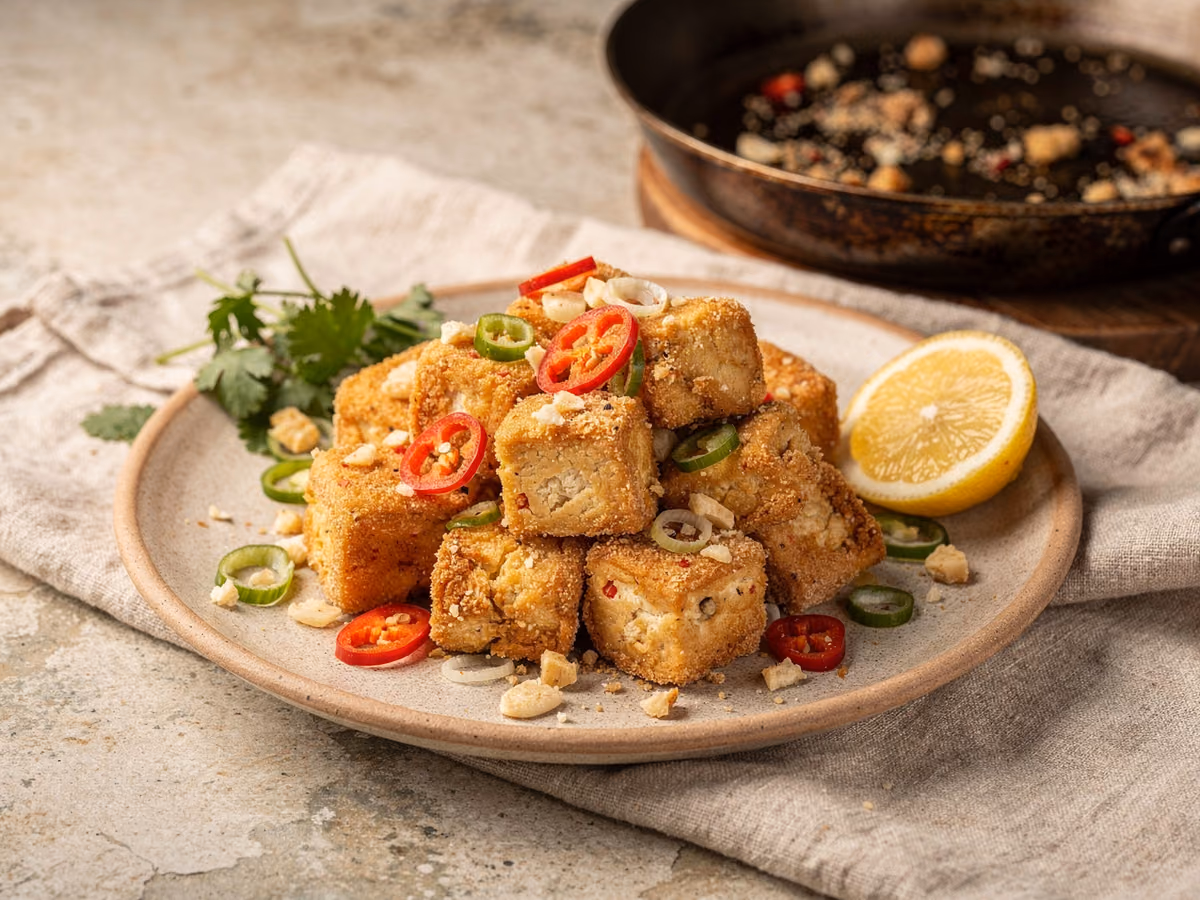 Tofu salteado con sal y pimienta