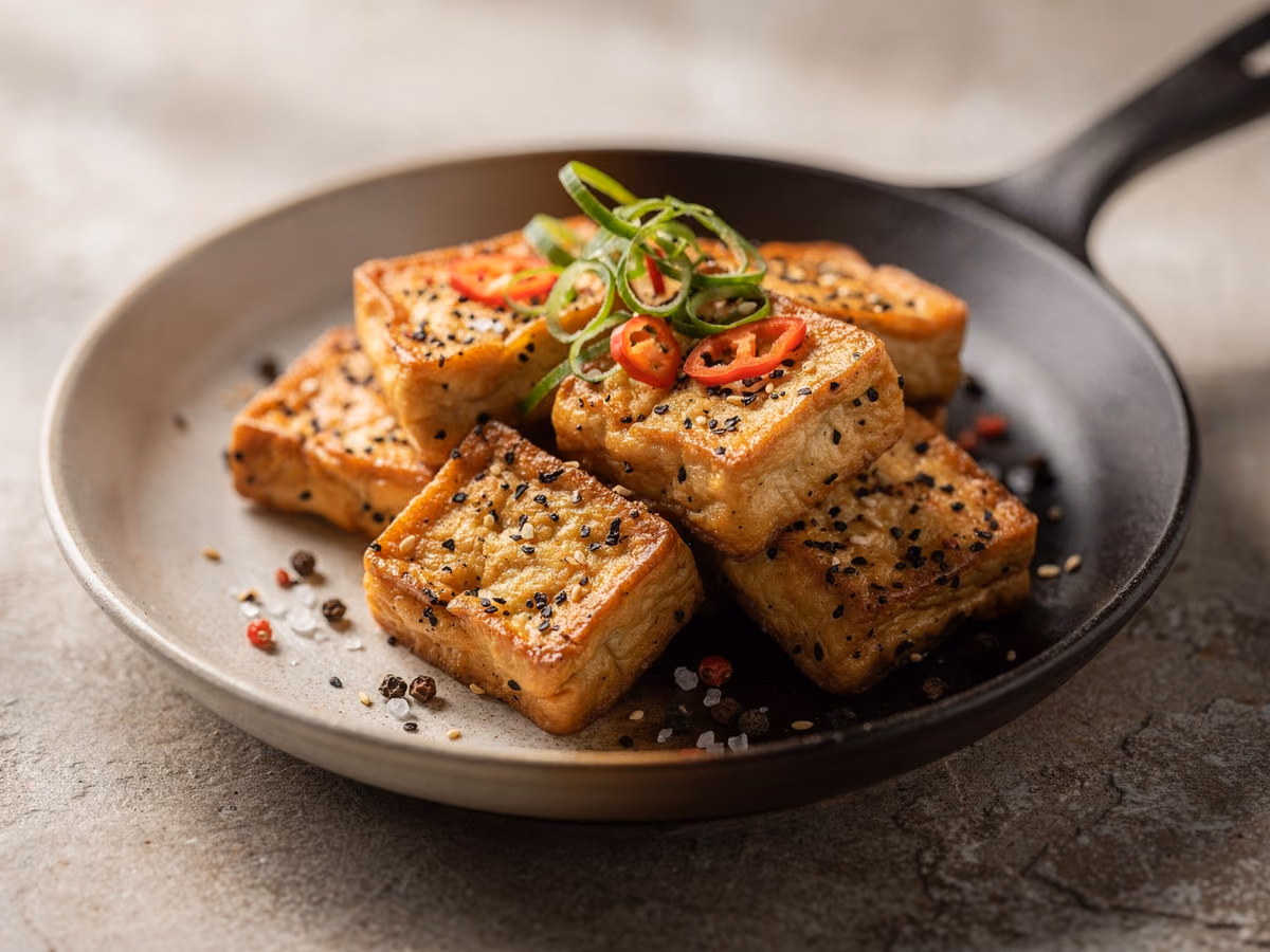 Tofu salteado con sal y pimienta