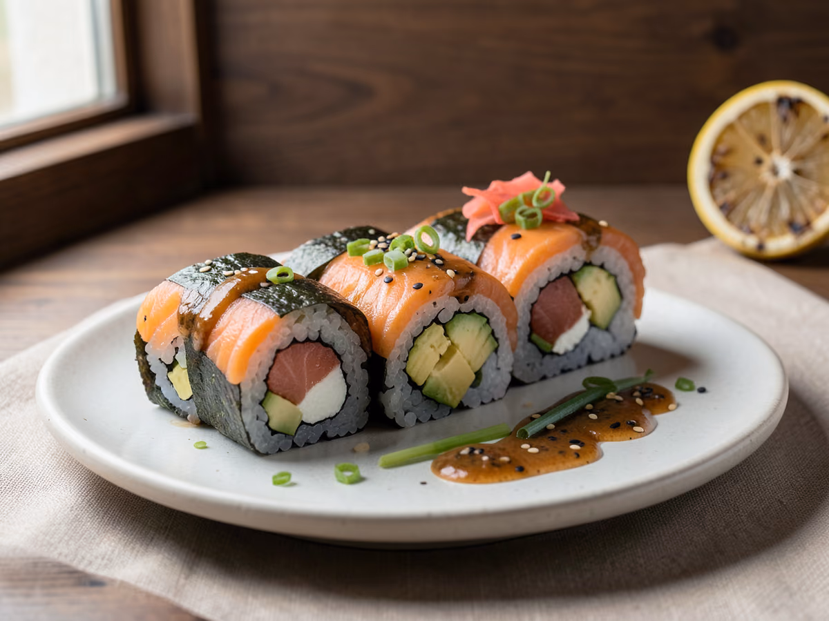 Rollos de sushi de salmón y aguacate